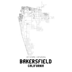 Bakersfield California. US street map with black and white lines.