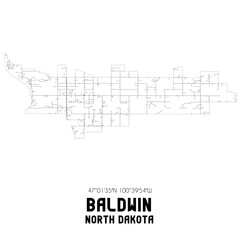 Baldwin North Dakota. US street map with black and white lines.