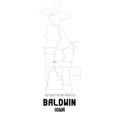 Baldwin Iowa. US street map with black and white lines.