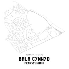 Bala Cynwyd Pennsylvania. US street map with black and white lines.