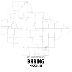 Baring Missouri. US street map with black and white lines.