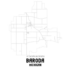 Baroda Michigan. US street map with black and white lines.