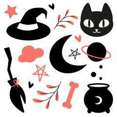 Cartoon cute Halloween stickers pack, pattern, colorful doodle background for Halloween banners, wallpapers, textiles, wrapping, vector design. Kawaii holiday print isolated vector illustration.