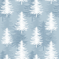 Christmas tree seamless vector pattern. Watercolor Noel firs print, winter frozen pine trees on blue background, wallpaper, wrapping paper design