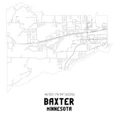 Baxter Minnesota. US street map with black and white lines.