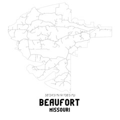 Beaufort Missouri. US street map with black and white lines.