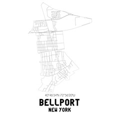 Bellport New York. US street map with black and white lines.