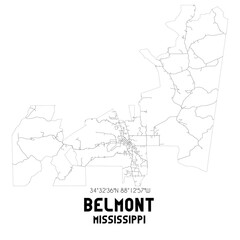 Belmont Mississippi. US street map with black and white lines.