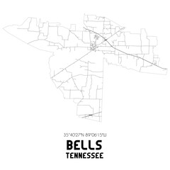 Bells Tennessee. US street map with black and white lines.