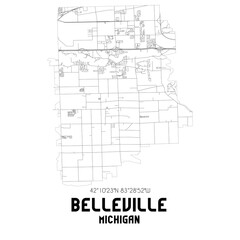 Belleville Michigan. US street map with black and white lines.