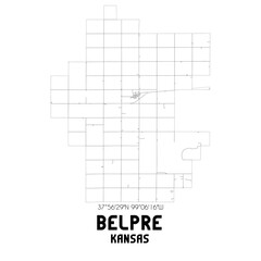 Belpre Kansas. US street map with black and white lines.