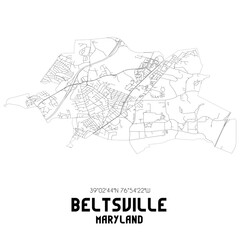 Beltsville Maryland. US street map with black and white lines.