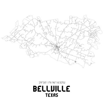 Bellville Texas. US street map with black and white lines.