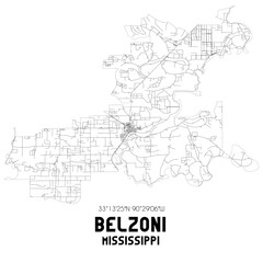 Belzoni Mississippi. US street map with black and white lines.