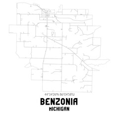 Benzonia Michigan. US street map with black and white lines.