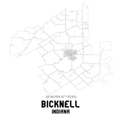 Bicknell Indiana. US street map with black and white lines.