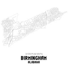 Birmingham Alabama. US street map with black and white lines.
