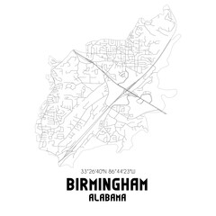 Birmingham Alabama. US street map with black and white lines.