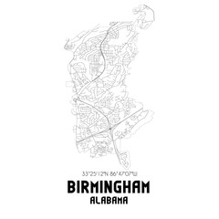 Birmingham Alabama. US street map with black and white lines.