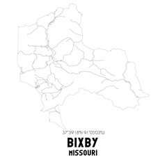 Bixby Missouri. US street map with black and white lines.