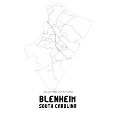 Blenheim South Carolina. US street map with black and white lines.