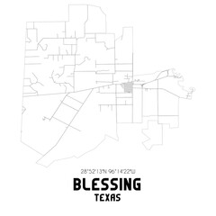 Blessing Texas. US street map with black and white lines.