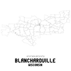 Blanchardville Wisconsin. US street map with black and white lines.