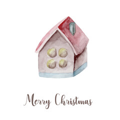 Watercolor christmas decor toy house. Hand painted New Year decor isolated on white background. - 539269463