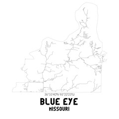 Blue Eye Missouri. US street map with black and white lines.