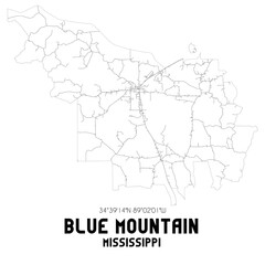Blue Mountain Mississippi. US street map with black and white lines.