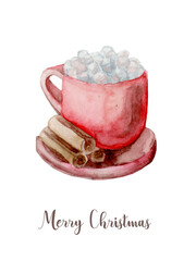 Watercolor Christmas coffee or hot chocolate mug. Hand painted New Year decor isolated on white background - 539269653