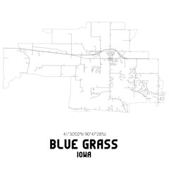 Blue Grass Iowa. US street map with black and white lines.