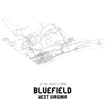 Bluefield West Virginia. US street map with black and white lines.