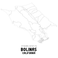 Bolinas California. US street map with black and white lines.