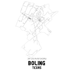 Boling Texas. US street map with black and white lines.