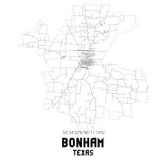 Bonham Texas. US street map with black and white lines.