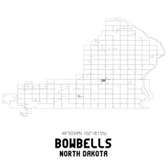 Bowbells North Dakota. US street map with black and white lines.