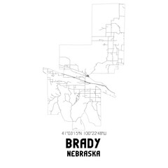 Brady Nebraska. US street map with black and white lines.