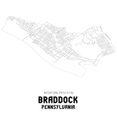 Braddock Pennsylvania. US street map with black and white lines.