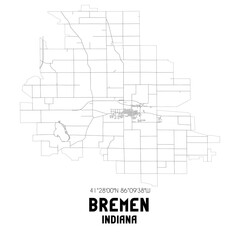 Bremen Indiana. US street map with black and white lines.
