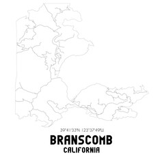 Branscomb California. US street map with black and white lines.