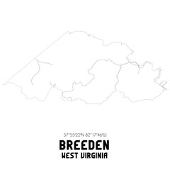 Breeden West Virginia. US street map with black and white lines.