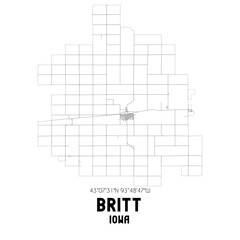 Britt Iowa. US street map with black and white lines.