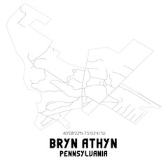 Bryn Athyn Pennsylvania. US street map with black and white lines.
