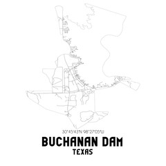 Buchanan Dam Texas. US street map with black and white lines.