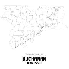 Buchanan Tennessee. US street map with black and white lines.