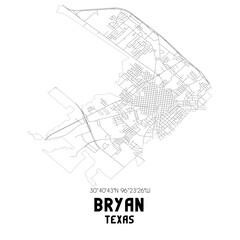Bryan Texas. US street map with black and white lines.