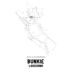 Bunkie Louisiana. US street map with black and white lines.