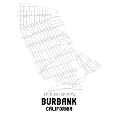 Burbank California. US street map with black and white lines.