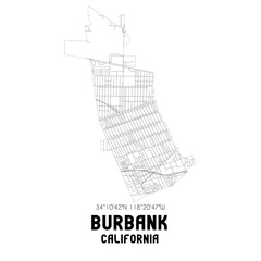 Burbank California. US street map with black and white lines.
